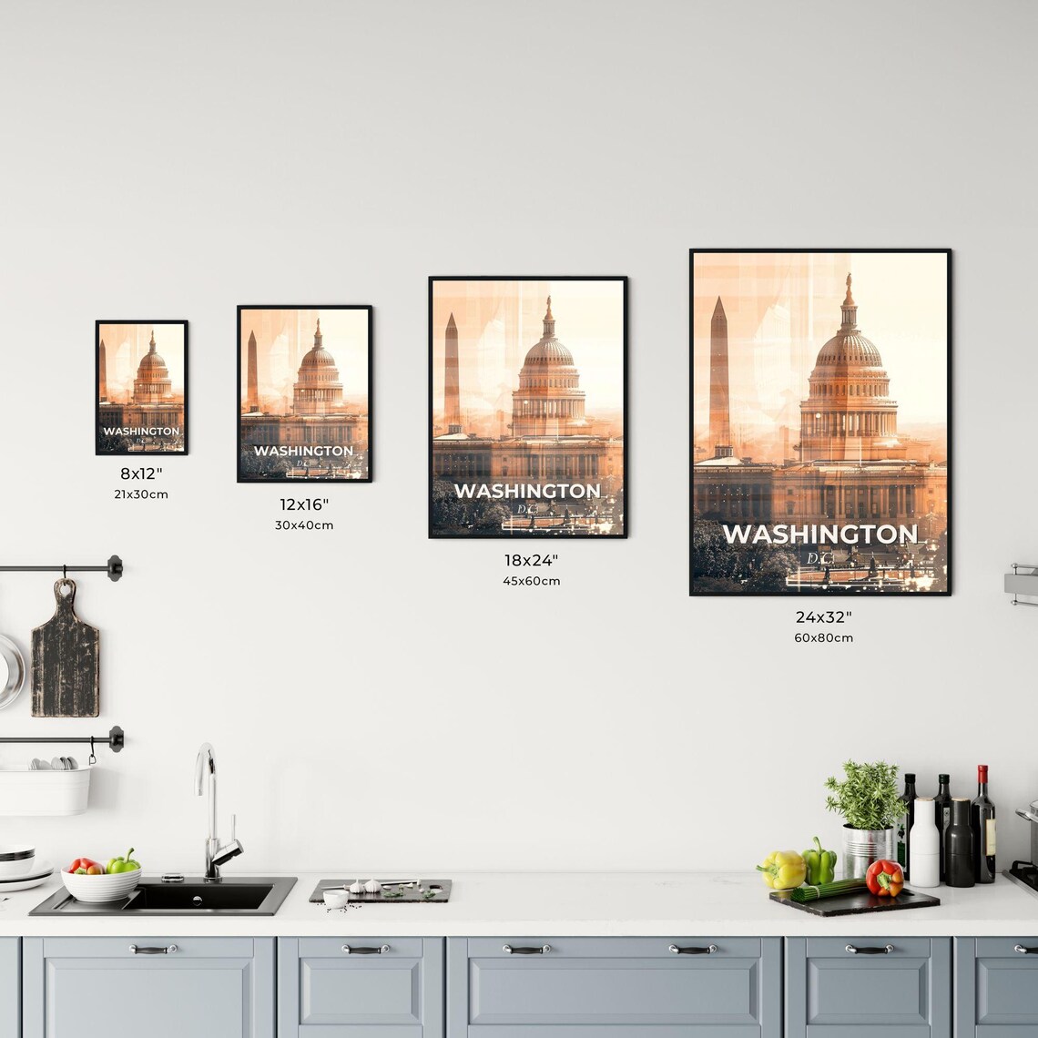 Washington DC Capitol and Monument Golden Historic Cityscape Poster - Image 3