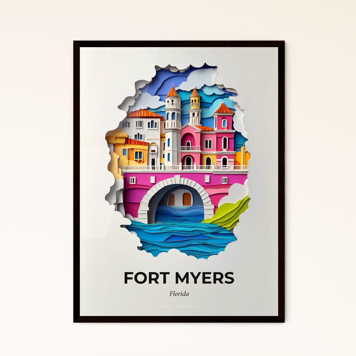 Fort Myers Florida Colorful Paper Cut Bridge over Water Poster