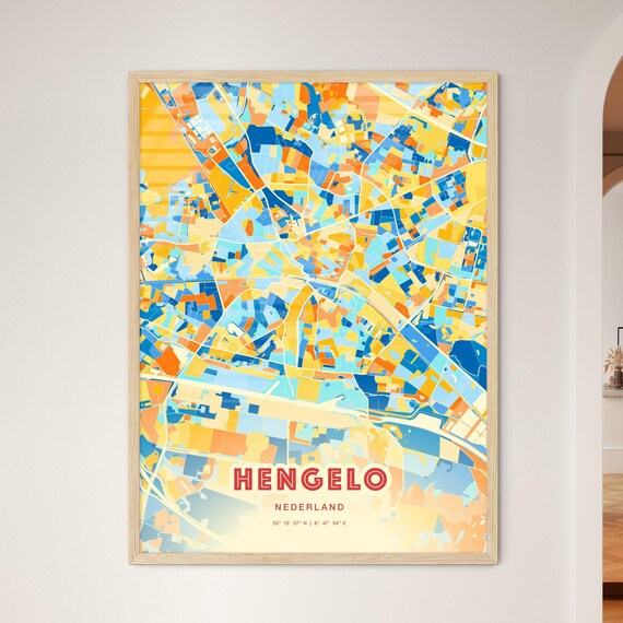 Hengelo Netherlands Blue Orange Colorful City Map Art Poster With Coordinates