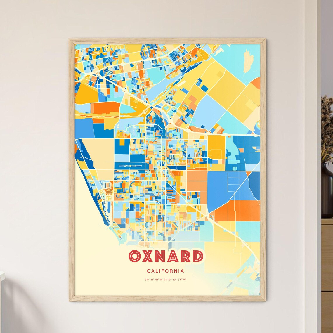 Oxnard California Vibrant Blue and Orange City Map Art Poster