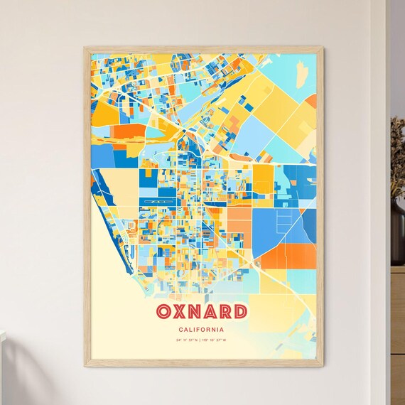 Oxnard California Vibrant Blue and Orange City Map Art Poster