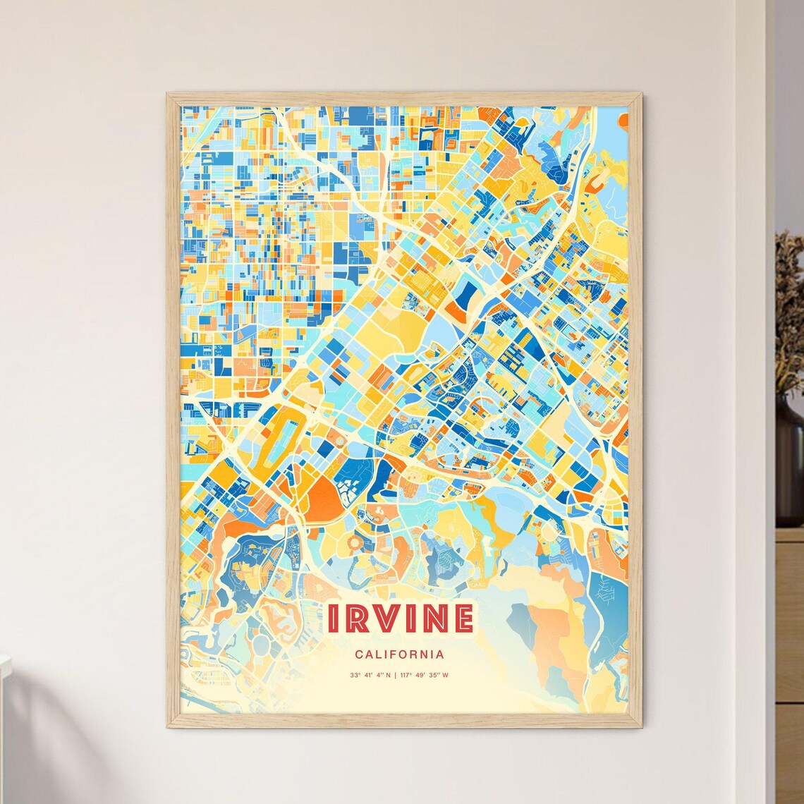Irvine California Colorful Art Map Poster in Blue and Orange Mosaic
