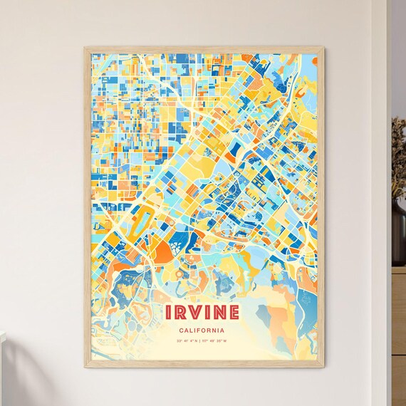 Irvine California Colorful Art Map Poster in Blue and Orange Mosaic