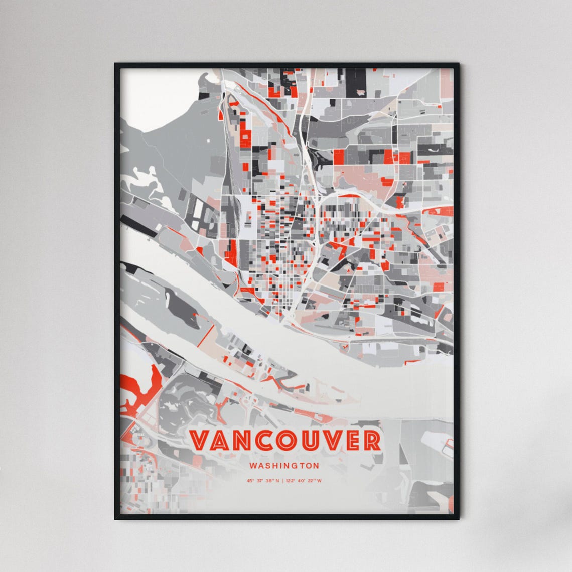 Vancouver Washington City Map Art Modern Red Gray Coordinate Poster