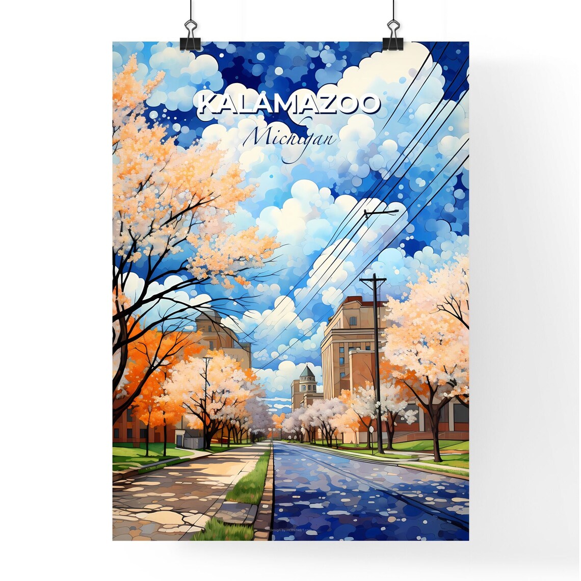 Kalamazoo Michigan Spring Street Travel Poster Blossom Trees Art - Image 4