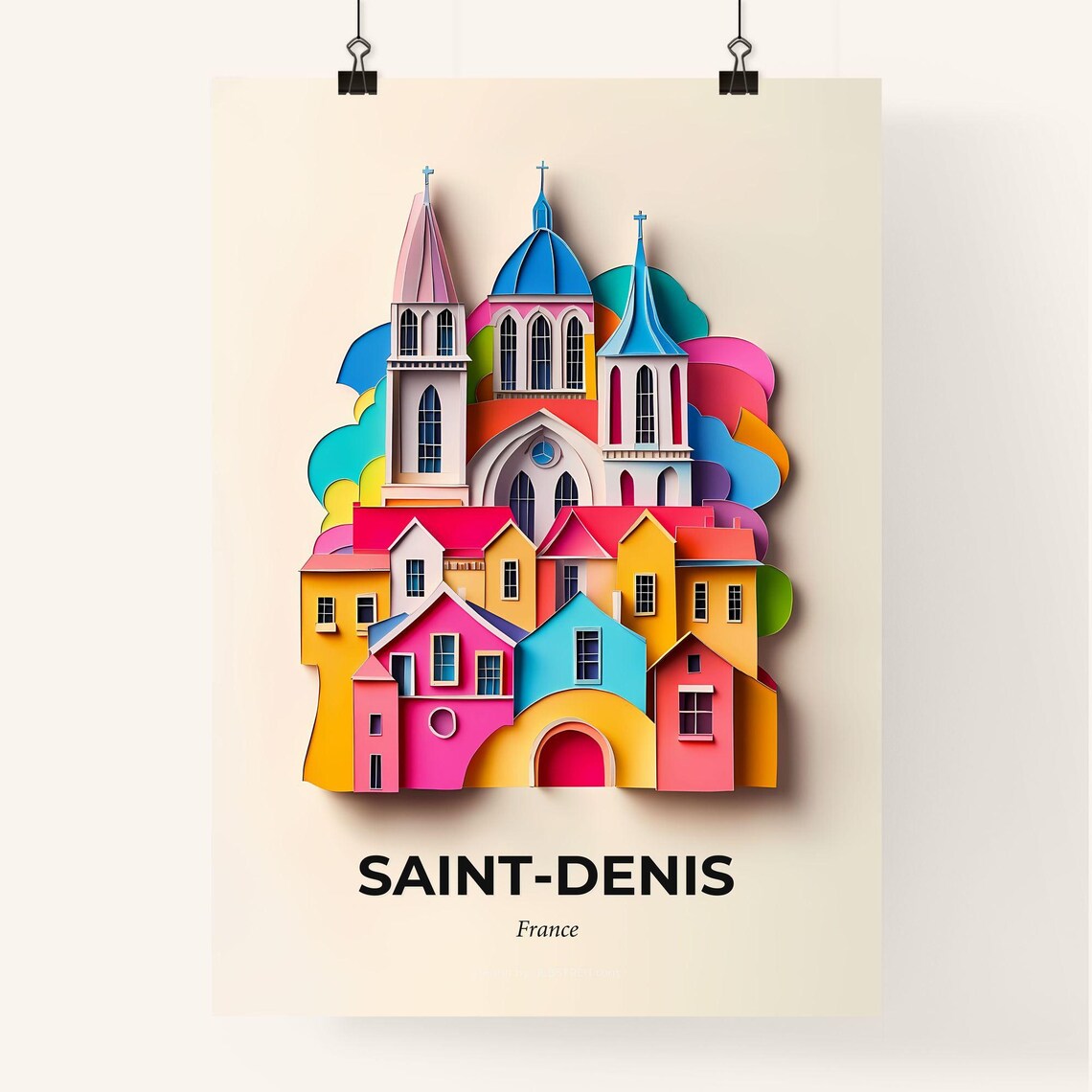 Saint-Denis France Colorful Paper Cut Basilica Travel Poster Art - Image 4