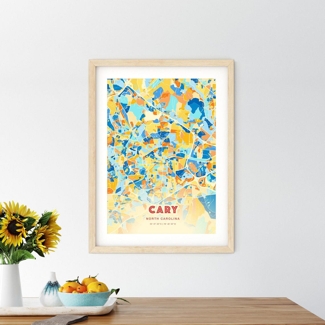 Cary North Carolina City Map Blue Orange Street Art Map Poster - Image 2