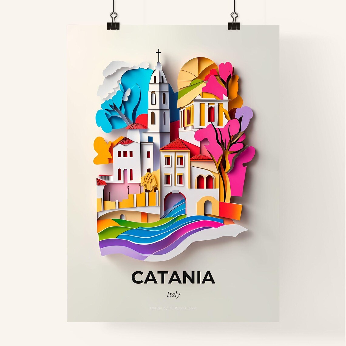Catania Italy Colorful Paper Cut Church and Rainbow Waves Poster - Image 4