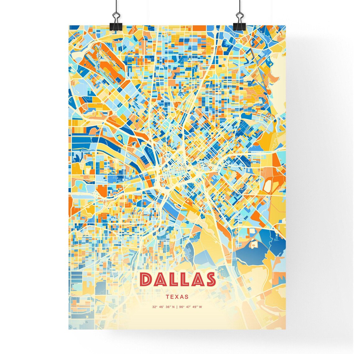 Dallas Texas Colorful City Map Art Poster Blue And Orange Street Grid Design - Image 3