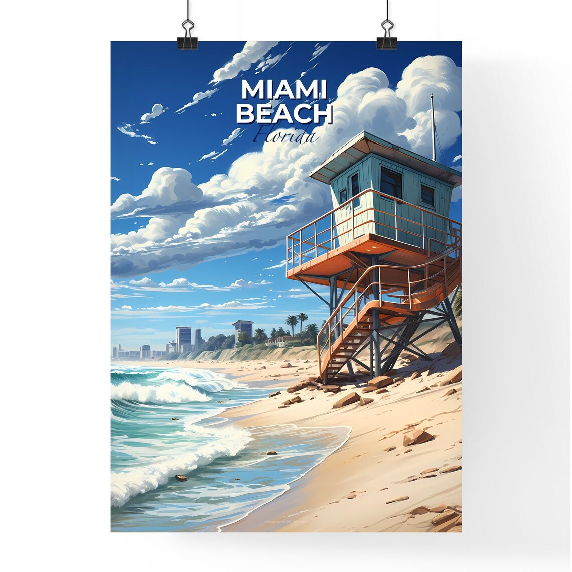 Miami Beach Florida Lifeguard Tower Ocean Waves Sand Art Poster - Image 4