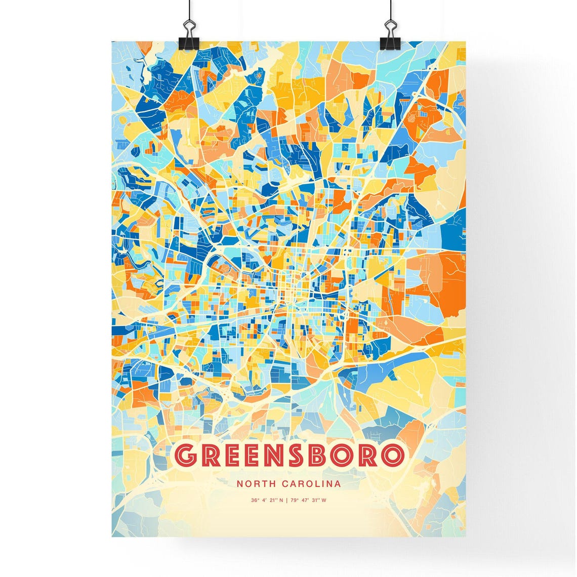 Greensboro North Carolina City Map Blue Orange Cartography Poster - Image 3