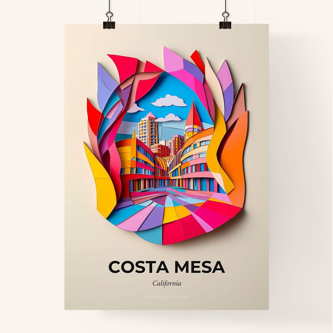 Costa Mesa California Colorful Paper Cut Modern Plaza Poster - Image 4