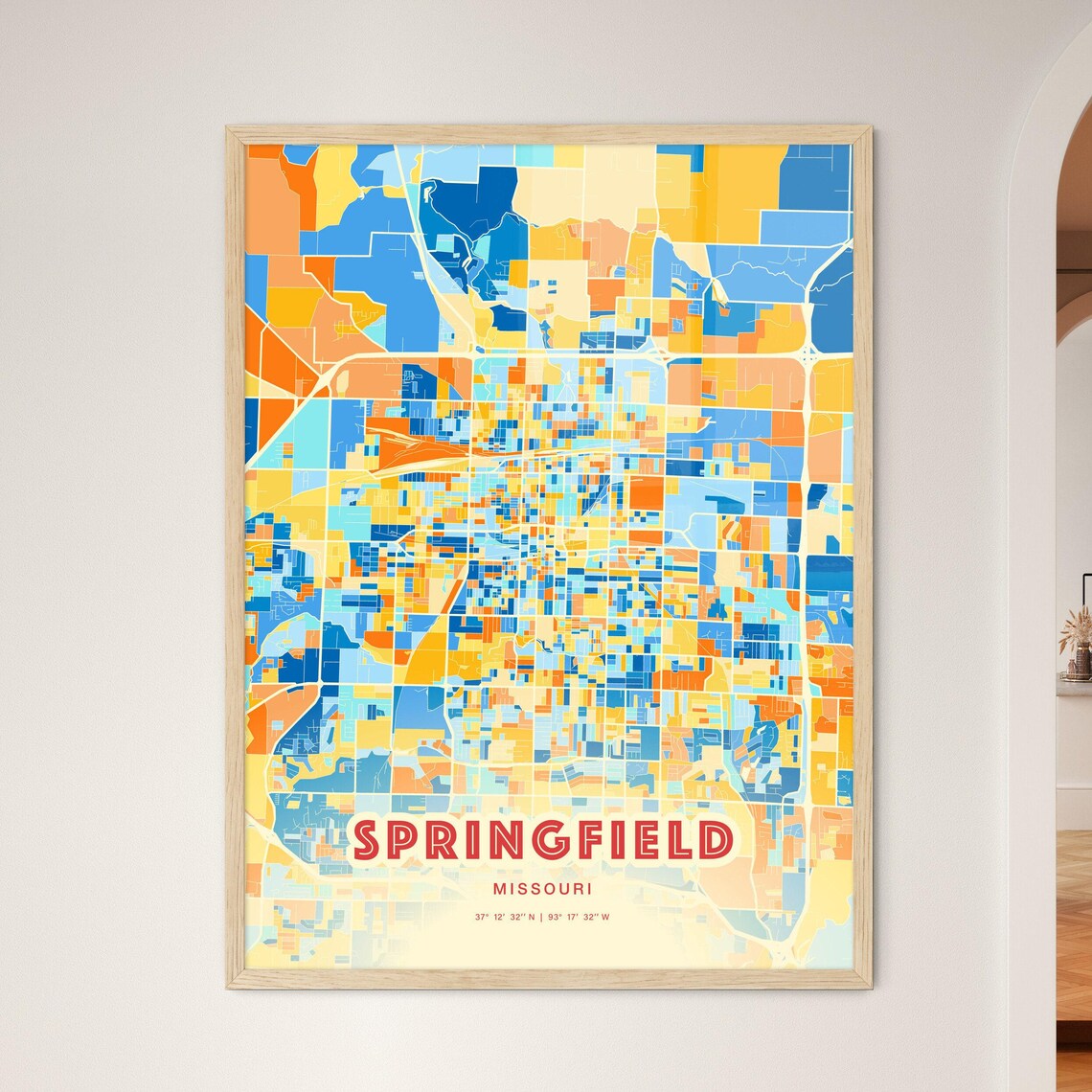 Springfield Missouri Colorful Blue Orange City Map Art Poster