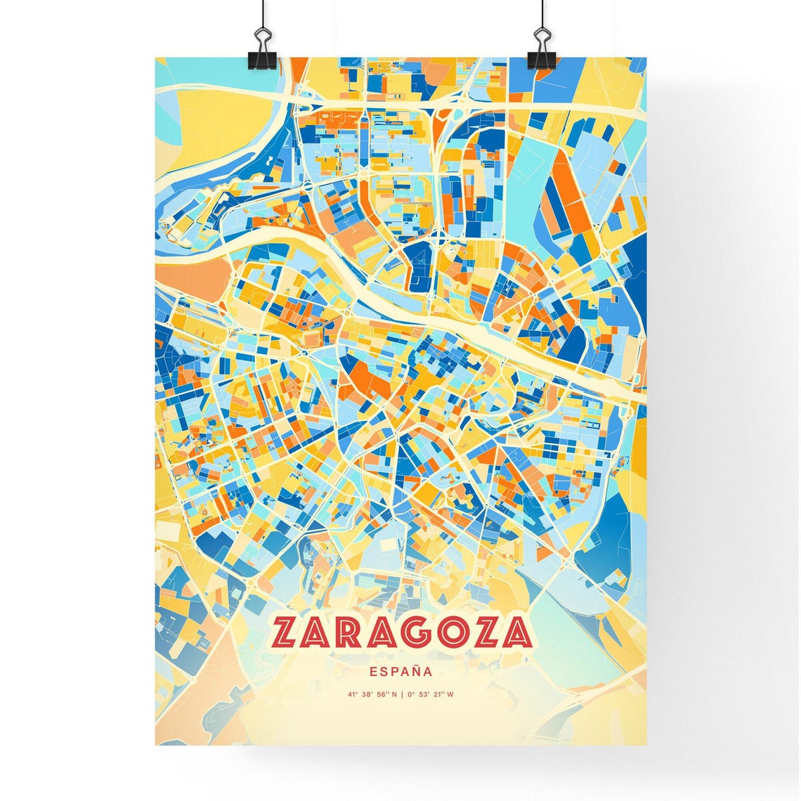 Zaragoza Spain Bold City Map Art Poster in Orange Blue and Cream - Image 3