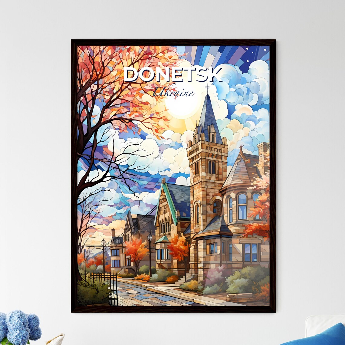 Donetsk Ukraine Stained Glass Church Autumn Trees Art Poster