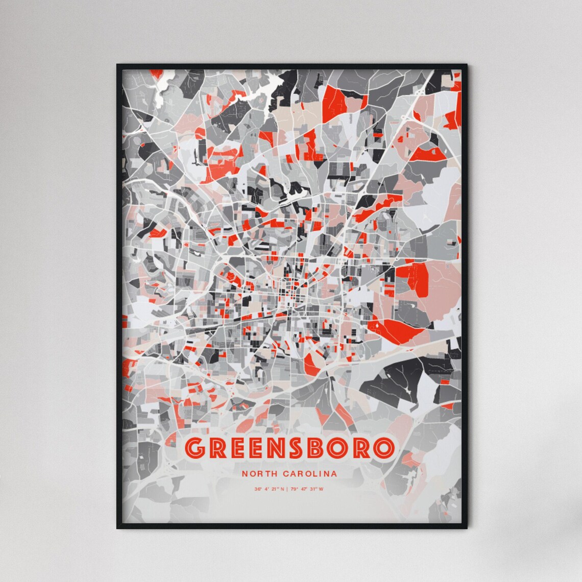 Greensboro North Carolina Bold Red and Gray Modern Abstract City Map Poster