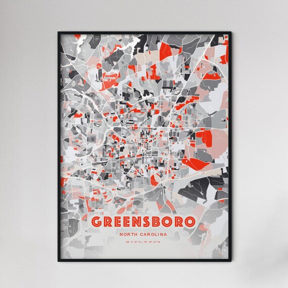 Greensboro North Carolina Bold Red and Gray Modern Abstract City Map Poster