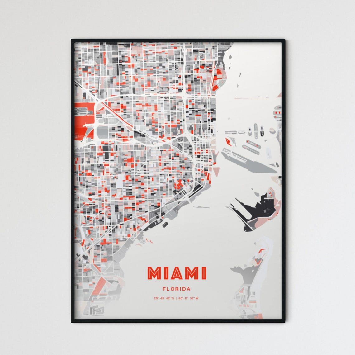 Miami Florida Expressive Bold Red City Street Map Artwork Poster