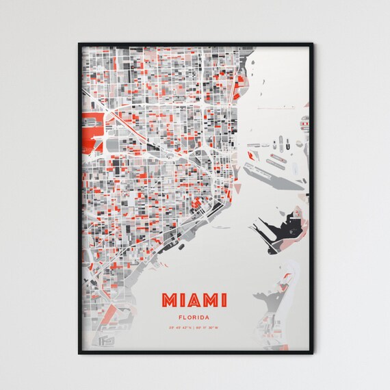 Miami Florida Expressive Bold Red City Street Map Artwork Poster