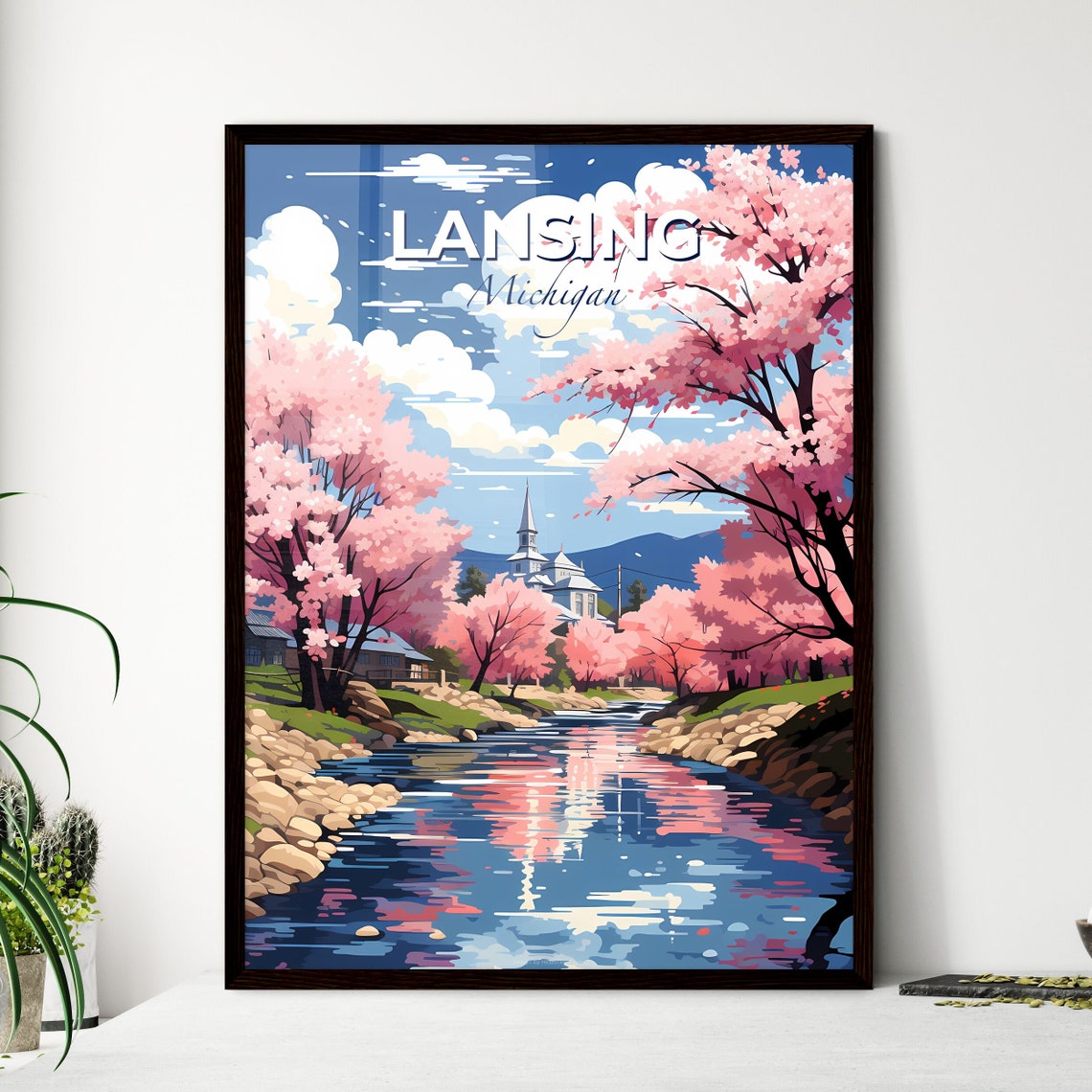 Lansing Michigan Spring Cherry Blossom River Church Steeple Poster