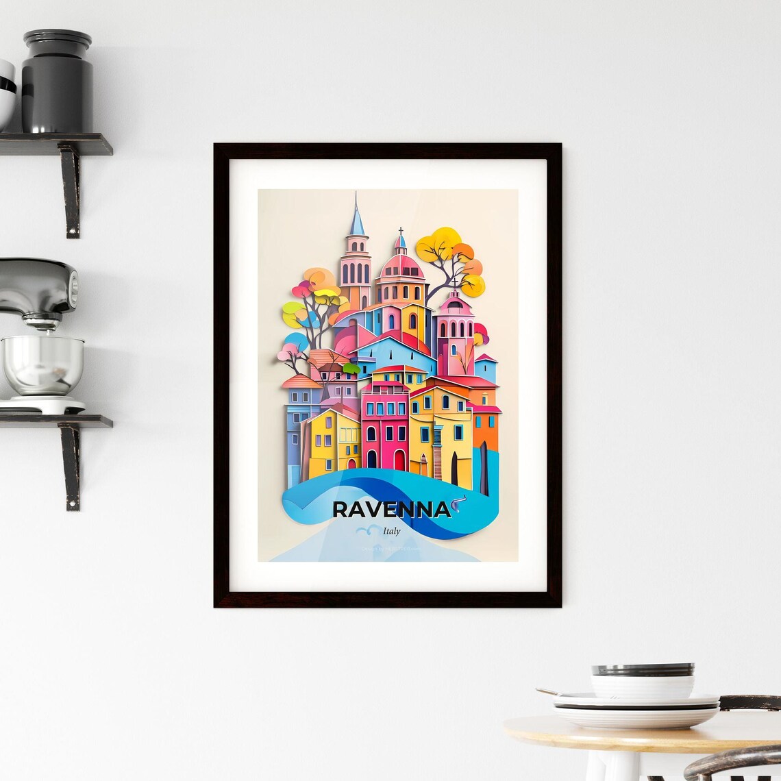 Ravenna Italy Vivid Colorful Old Town Blue Wave Paper Cut Poster - Image 2