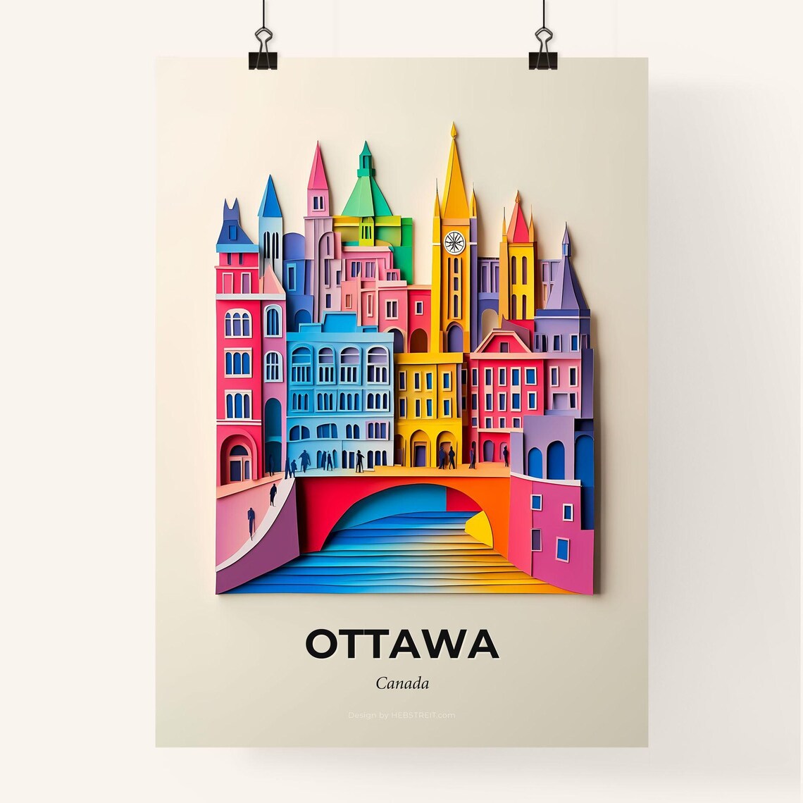 Ottawa Canada Colorful Paper Cut Skyline Bridge Travel Poster - Image 4