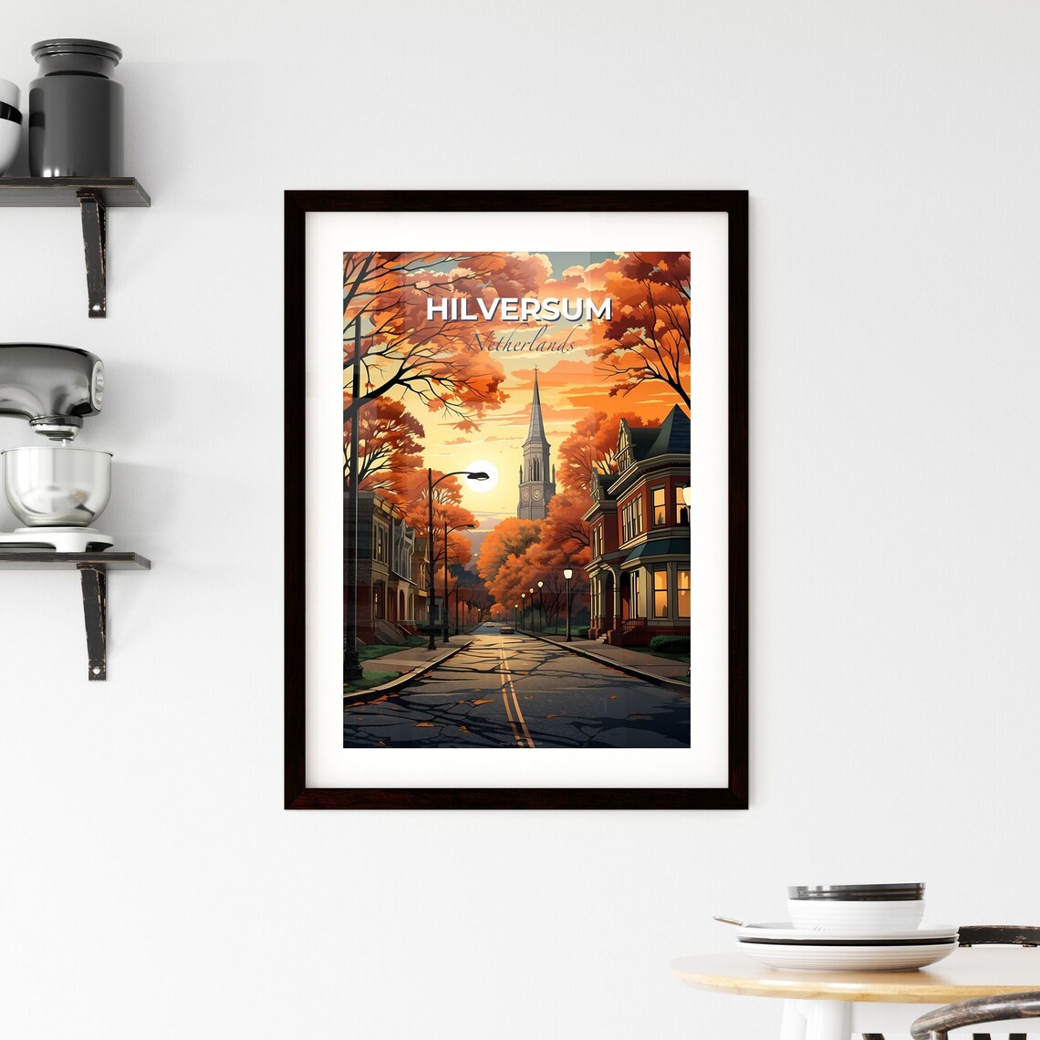 Vivid Hilversum Netherlands Autumn Street Church Spire Poster - Image 2