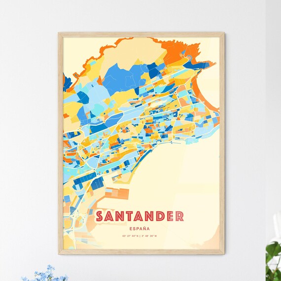 Santander Spain Vibrant Colorful Blue Orange City Map Art Poster