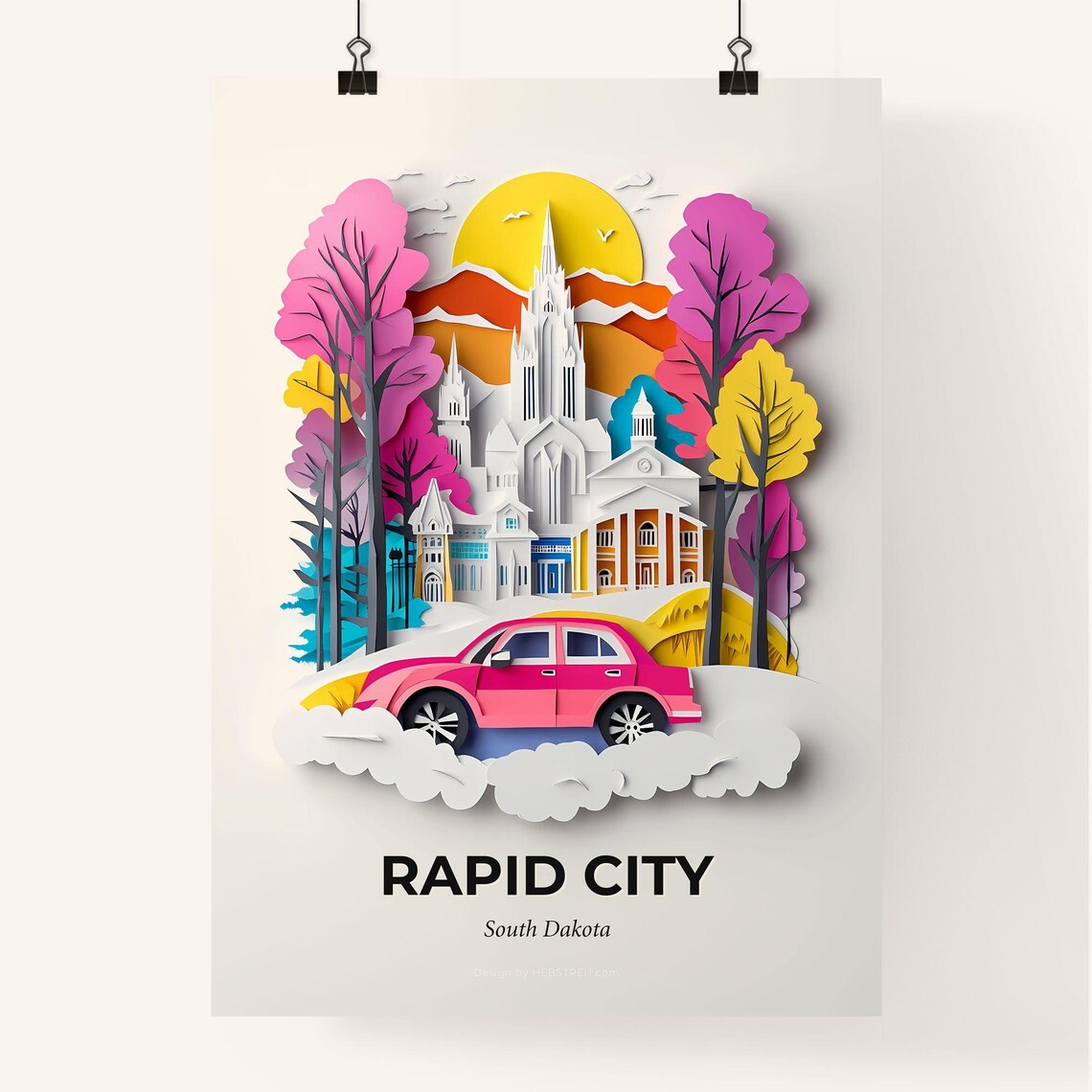 Rapid City South Dakota Pink Car Papercut Snow Travel Poster - Image 4