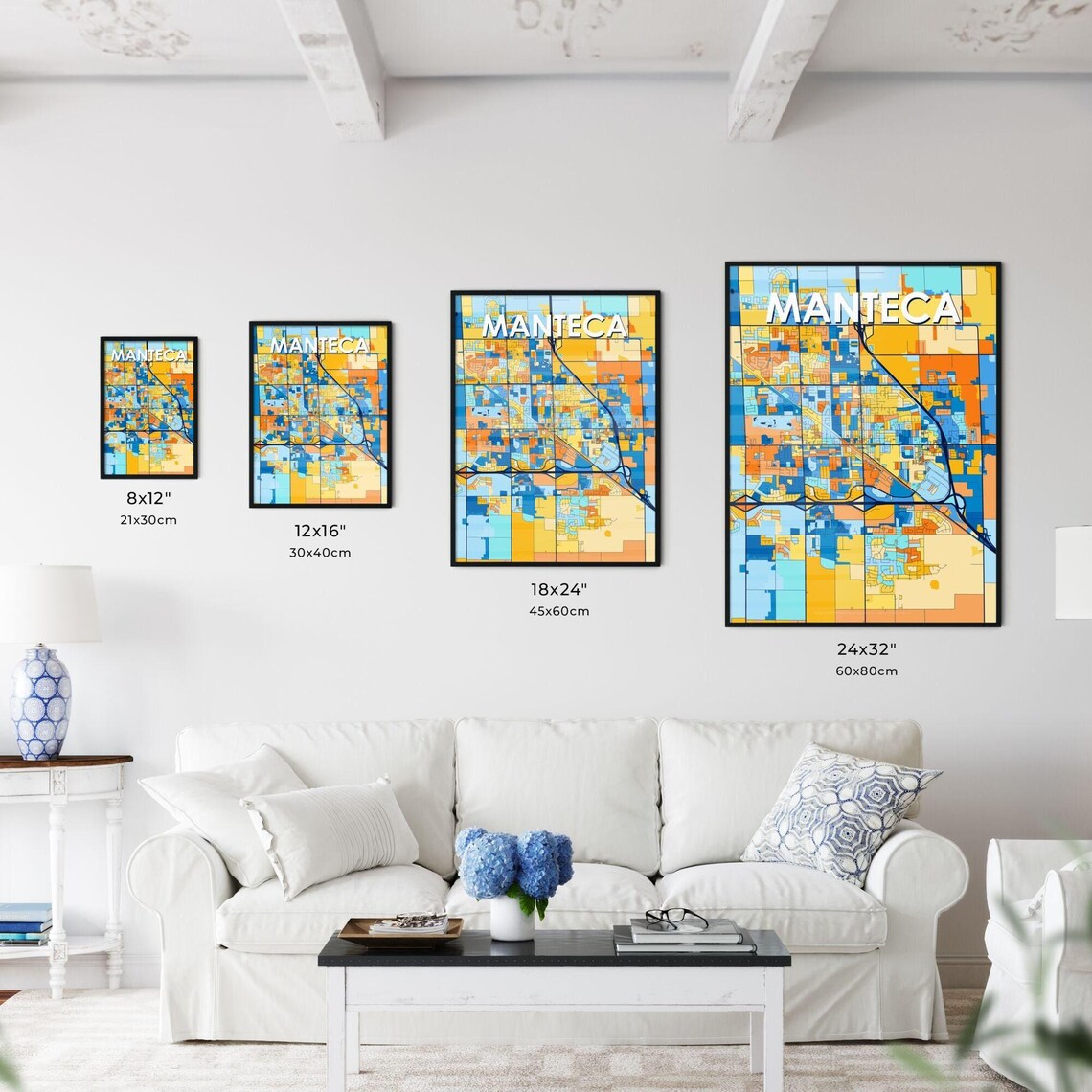 Manteca California Vibrant Blue Orange Mosaic City Street Map Poster - Image 3