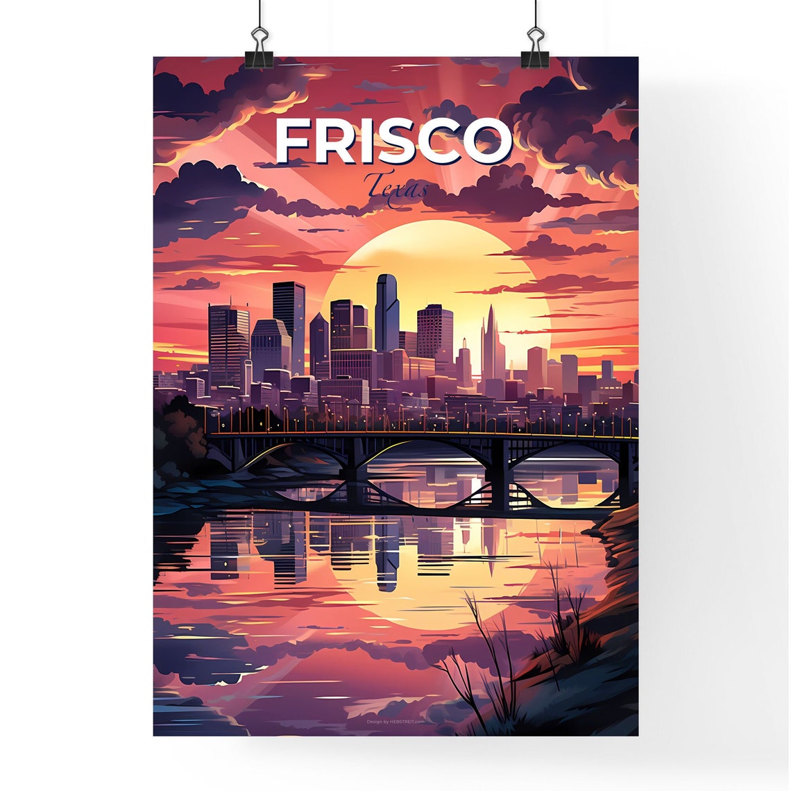 Frisco Texas Dramatic Sunset Skyline Bridge Reflection Poster - Image 4