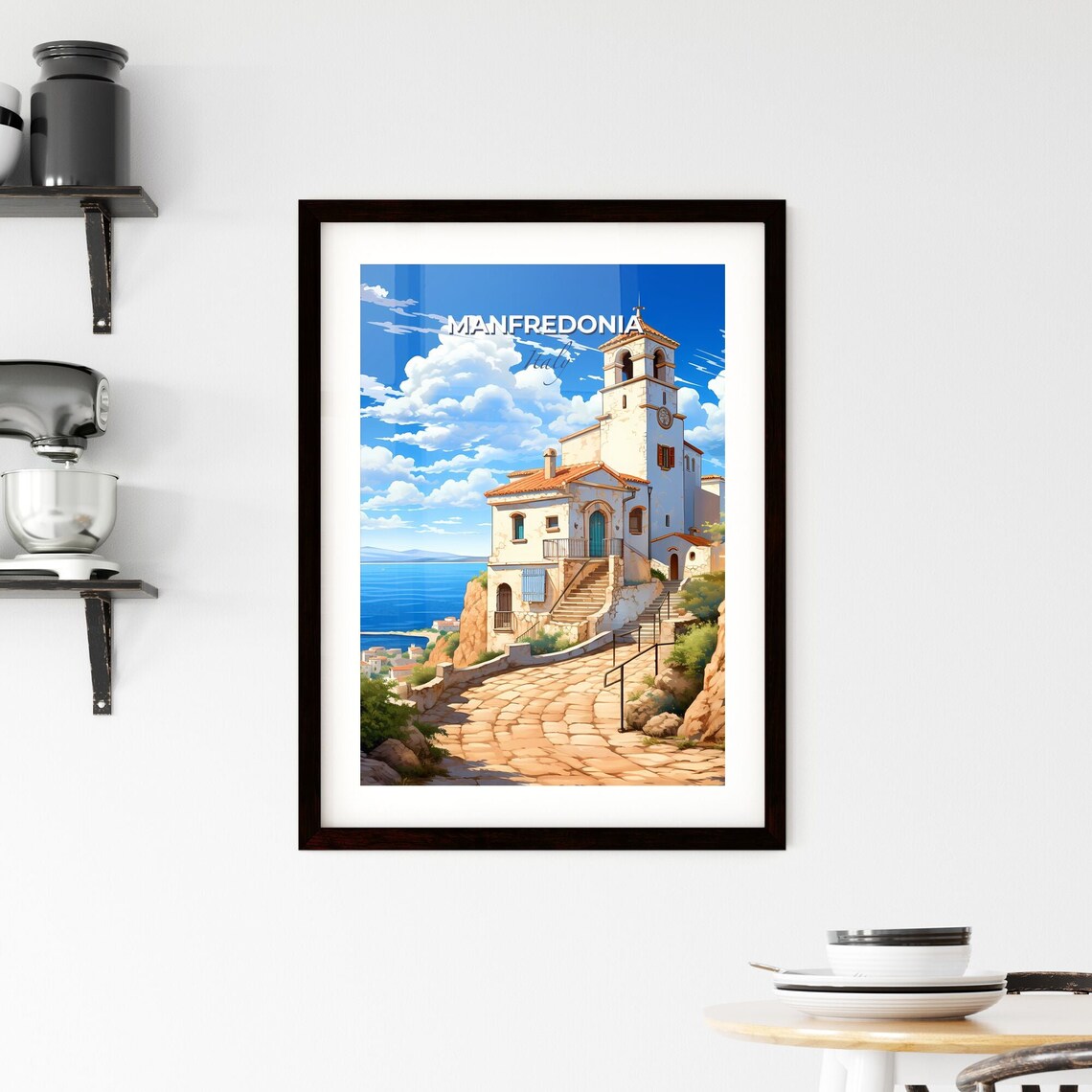 Manfredonia Italy Cliffside Church Bell Tower Over The Sea Poster - Image 2