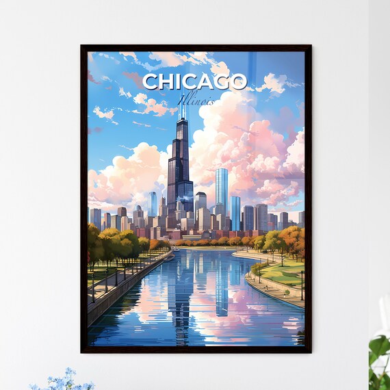 Chicago Illinois Downtown Skyline River Reflection City Travel Poster