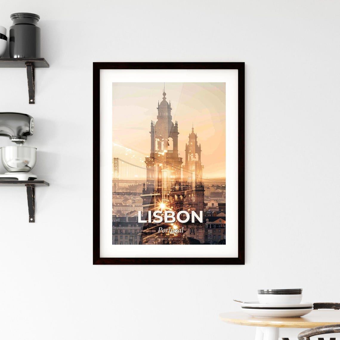 Lisbon Portugal River Bridge Cathedral Golden Skyline Poster - Image 2