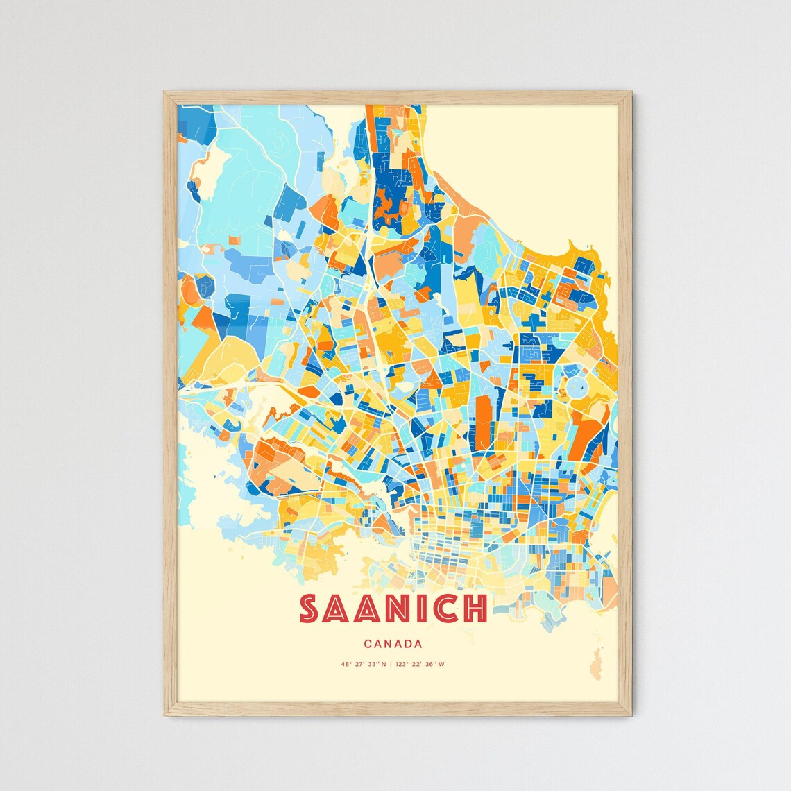 Saanich Canada Colorful Blue Orange City Map Art Poster with Coordinates