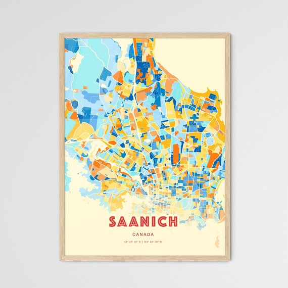 Saanich Canada Colorful Blue Orange City Map Art Poster with Coordinates