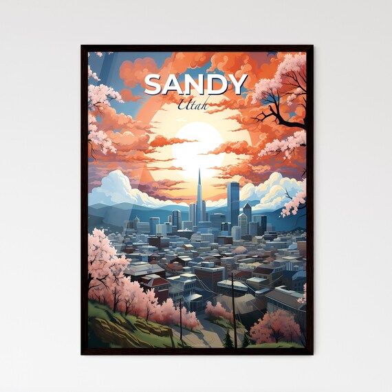 Sandy Utah City Skyline Sunset With Cherry Blossom Trees Poster