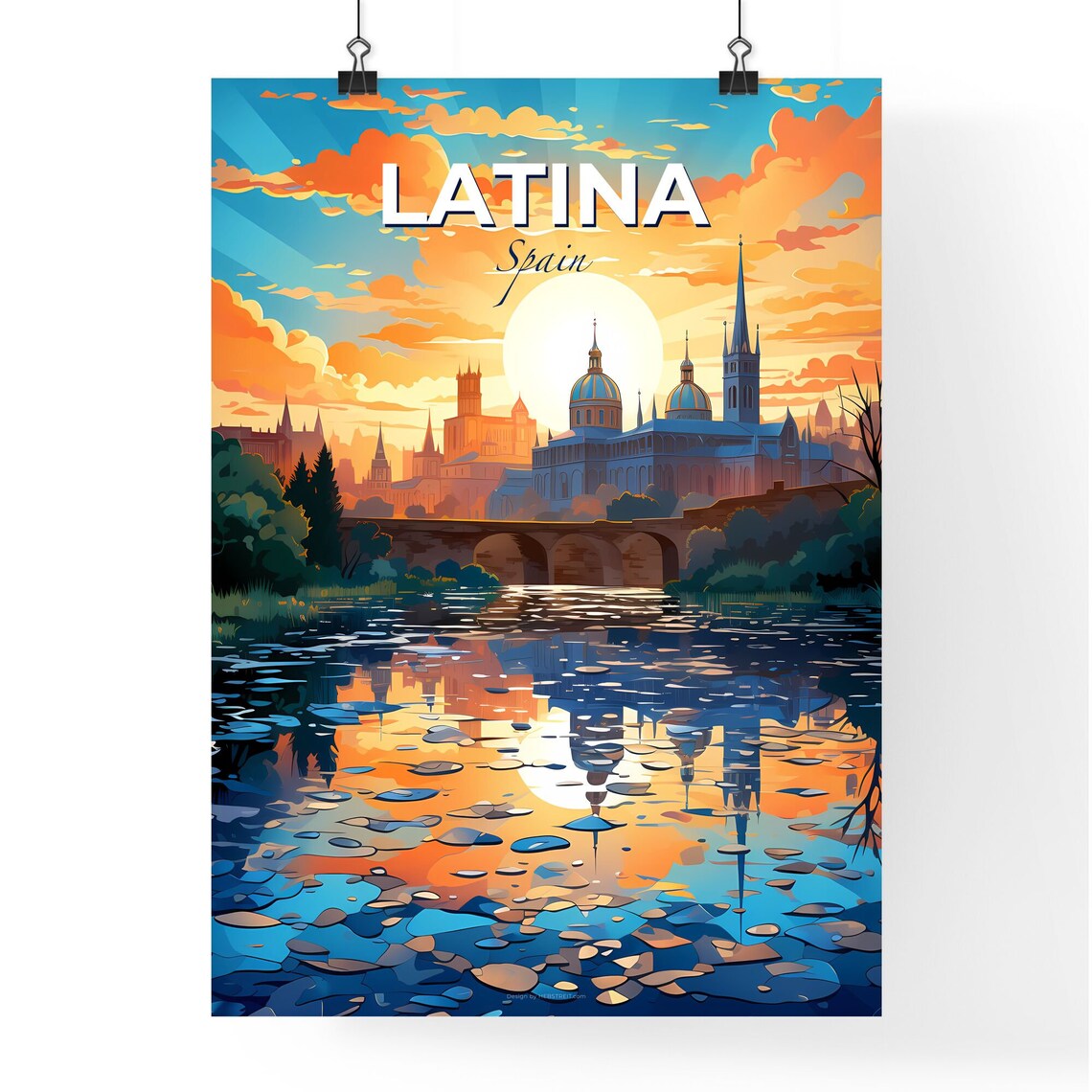 Latina Spain Sunrise Cathedral Bridge Over the Water Art Poster - Image 4