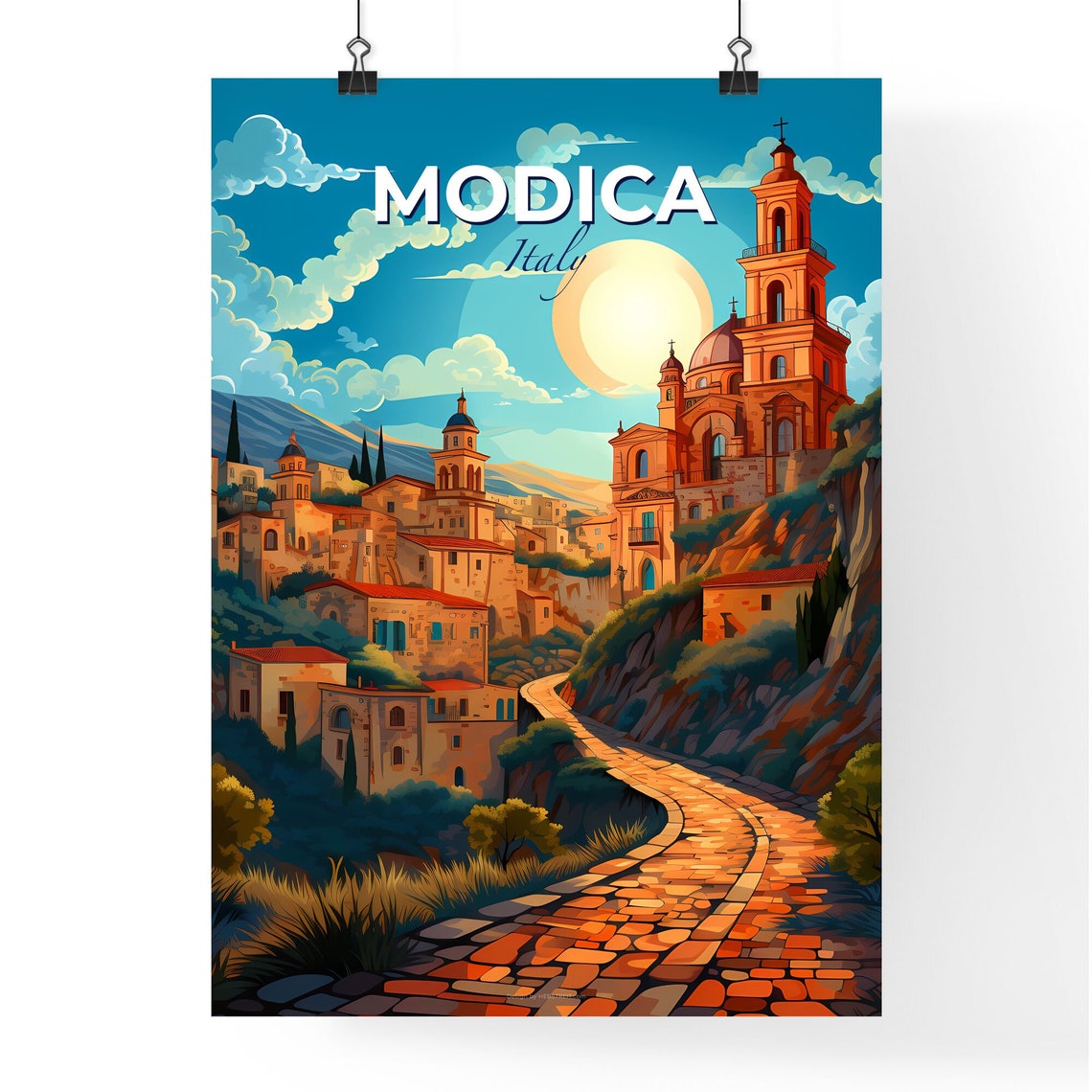 Modica Italy Hillside Town Travel Poster Stone Path Baroque Art - Image 4