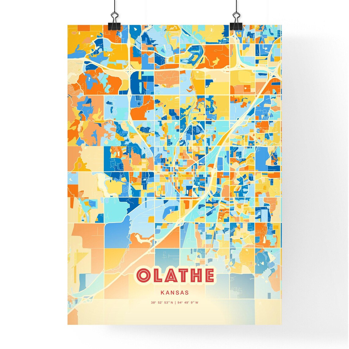 Olathe Kansas Vibrant Blue Orange Modern City Map Art Poster - Image 3
