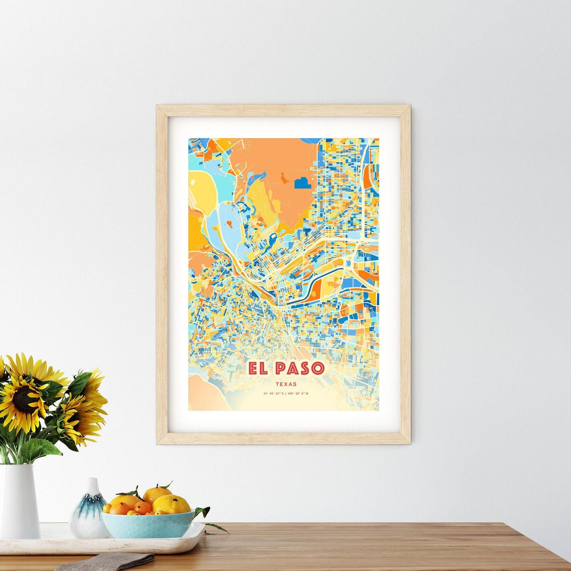 El Paso Texas Colorful Blue Orange City Street Map Coordinates Poster - Image 2