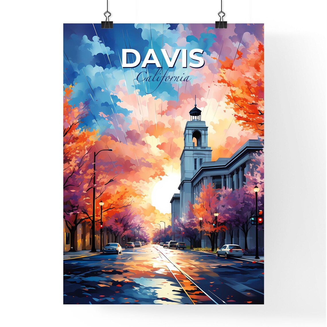 Davis California Sunset Street Bell Tower Autumn Trees Poster - Image 4