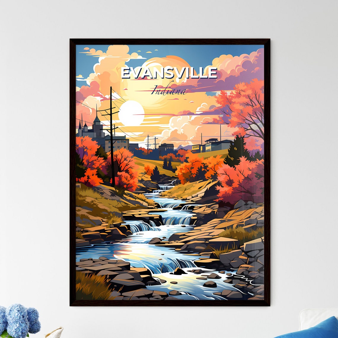 Evansville Indiana Waterfall Stream Autumn Sunset Travel Poster