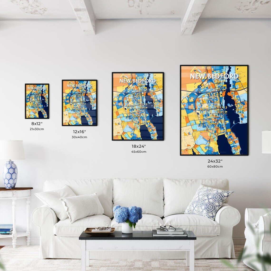 New Bedford Massachusetts Stylish Vibrant Blue and Orange Mosaic City Map Poster - Image 3