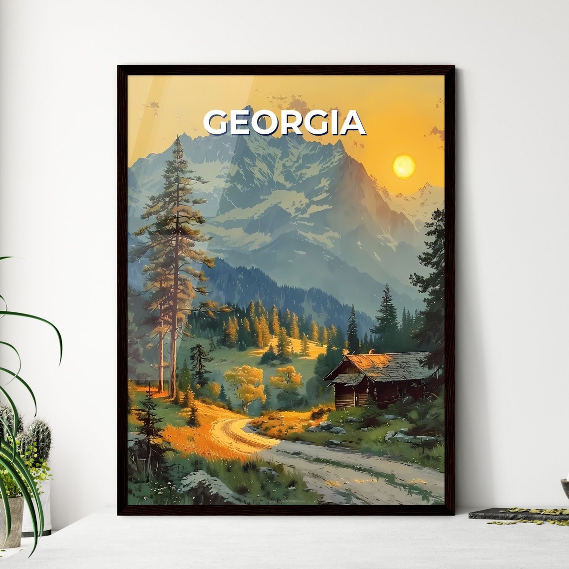 Georgia Mountain Cabin Sunset Road Pine Forest Vintage Travel Poster