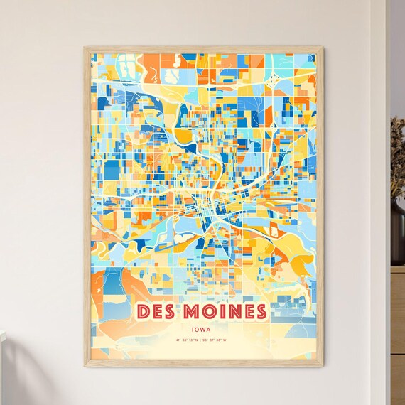 Des Moines Iowa Colorful Blue Orange City Street Map Coordinates Poster