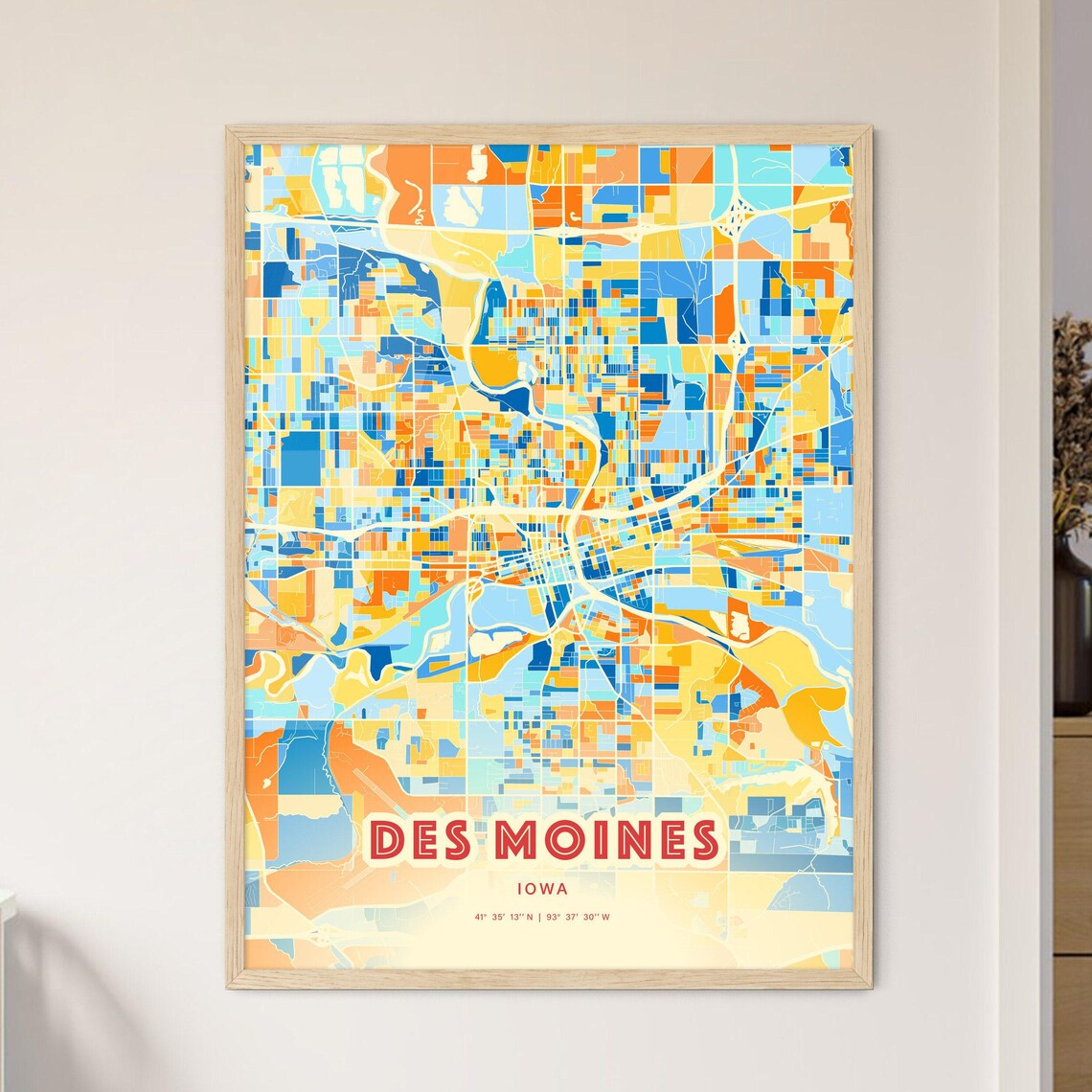 Des Moines Iowa Colorful Blue Orange City Street Map Coordinates Poster