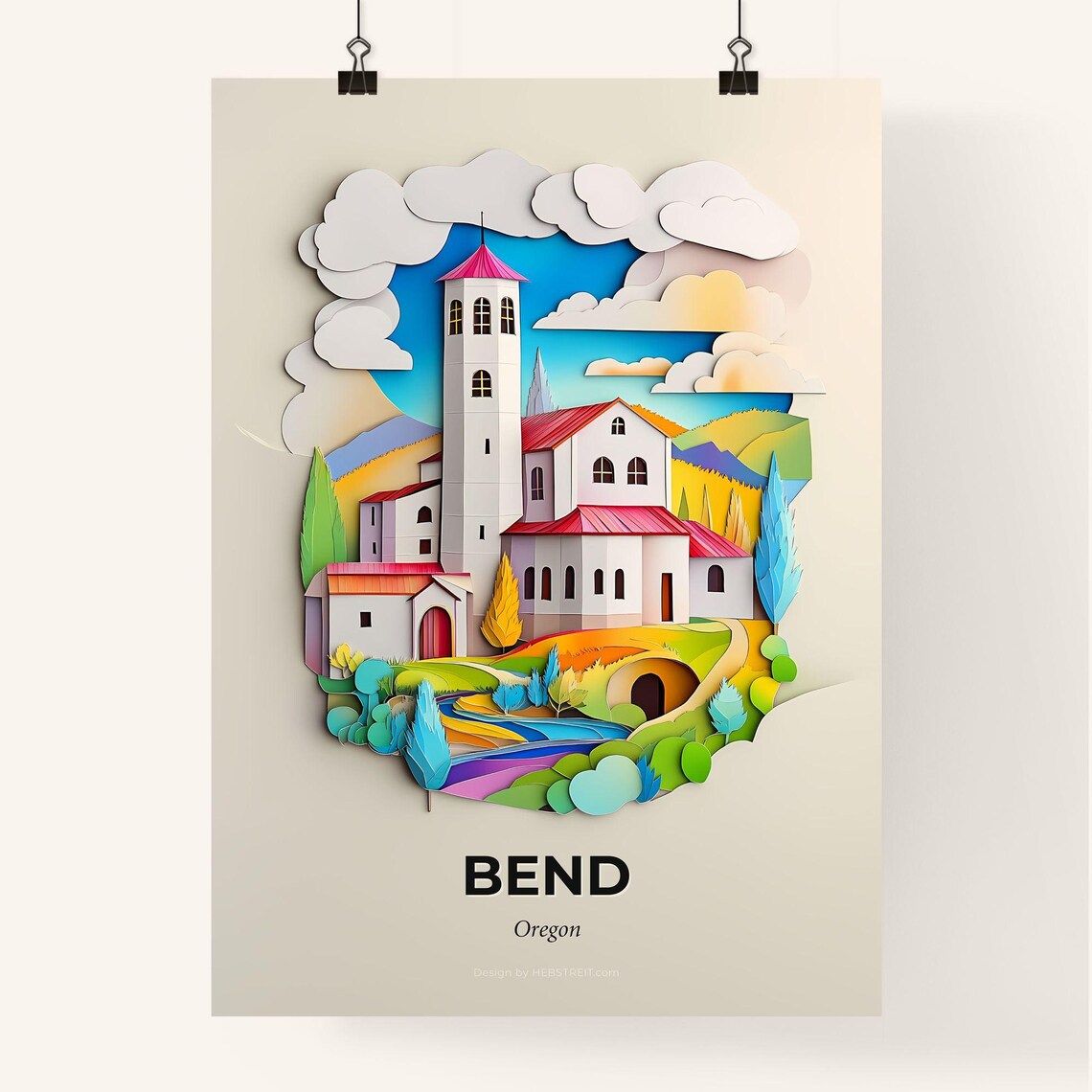 Colorful Bend Oregon Paper Cut Church Town Travel Art Poster - Image 4