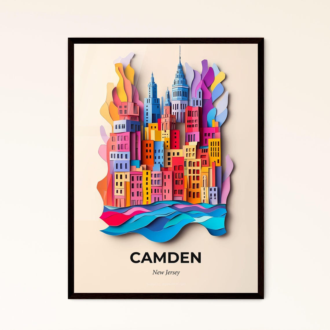 Camden New Jersey Colorful Paper Cut Skyline and River Poster