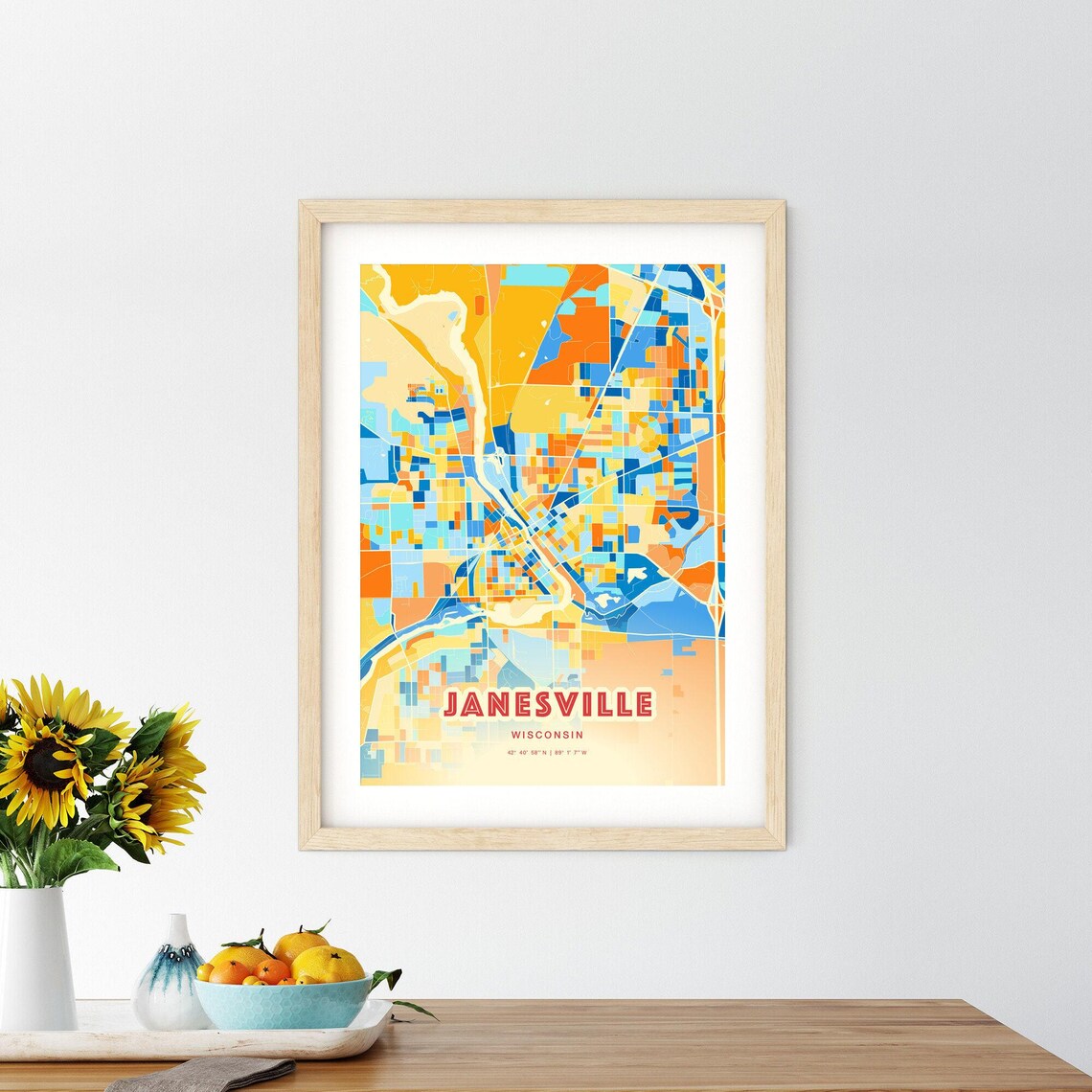 Janesville Wisconsin Colorful Blue and Orange Retro City Street Map Wall Art - Image 2